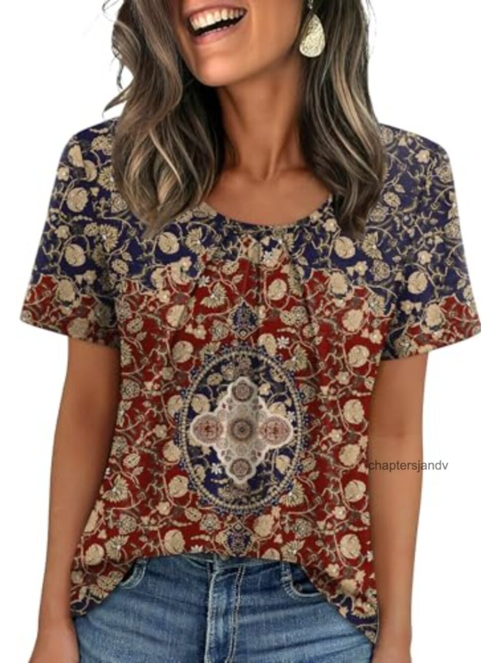 Women's Pleated Short Sleeve Blouse Tunic Top Business Casual Crew Neck